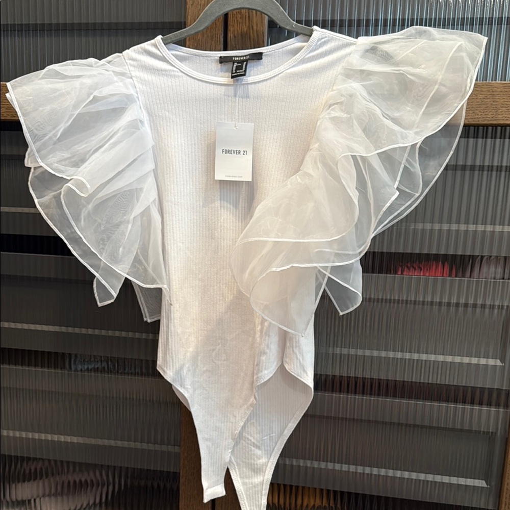 Forever 21 Elegant White Ruffle Sleeve Bodysuit